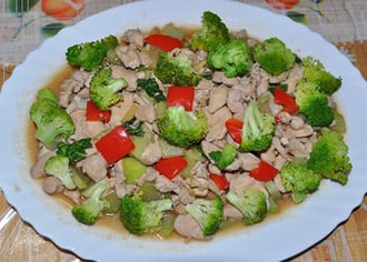 Chicken recipe with chayote, broccoli, and bellpepper