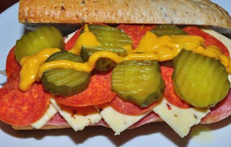 salami, pepperoni, pepper jack, honey mustard, dill pickles on whole grain bread