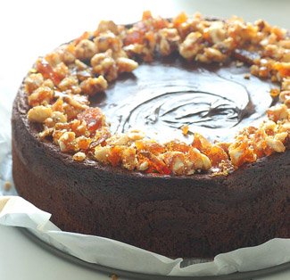 hazelnut praline over a chocolate cake
