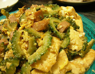 goya chanpuru prepared with bitter melon, tofu, egg and onion