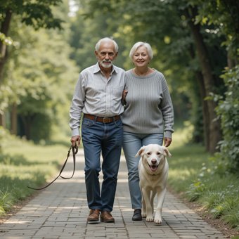 Old couple dog walking